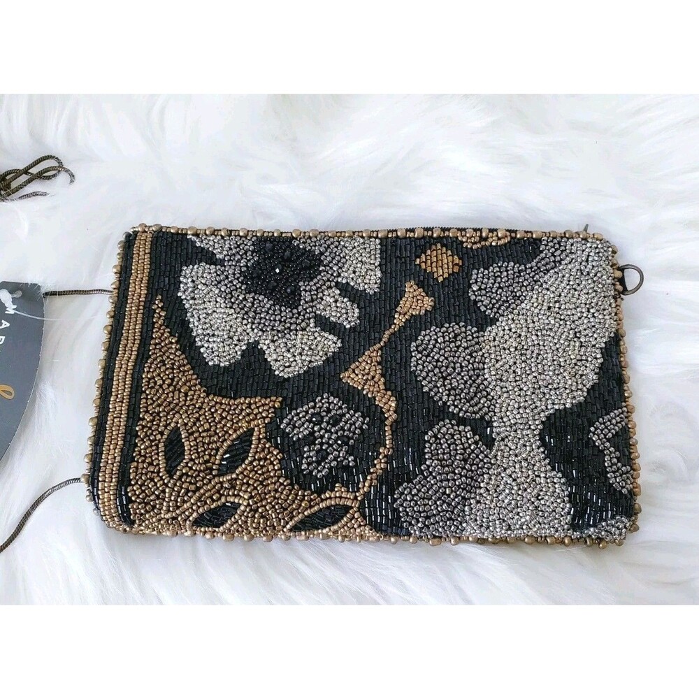 Nwt MARY FRANCES Beaded Metallic Gold BLack Bag Handbag Purse Beaded Vtg Floral